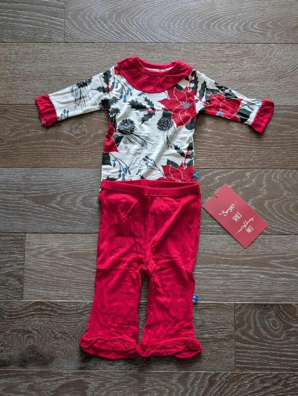 NWT Kickee Pants Long Sleeve Ruffle One Piece & Pant Set in Christmas Floral